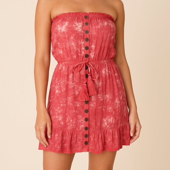 Tiare Hawaii Strapless Pink Red Tie Dye Mini Dress One Size - Picture 1 of 6